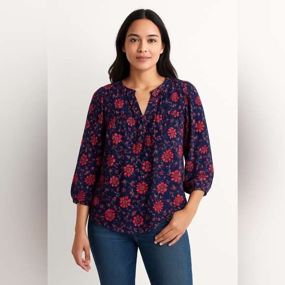 Skies Are Blue Tops - Skies Are Blue Curvy Floral Peasant Blouse Boho Split Neck Long Sleeve Top Sz 1X